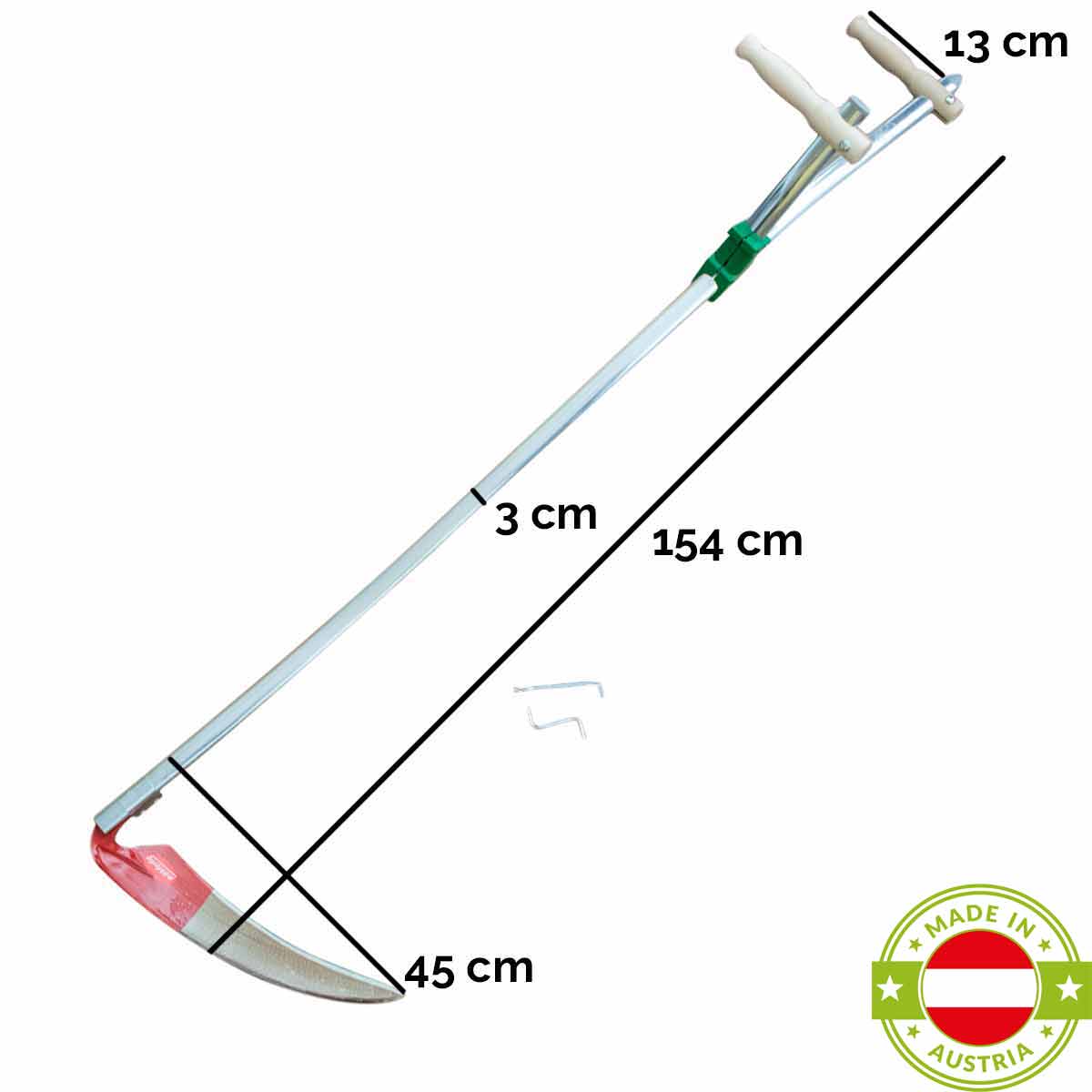 Set Streu-, Staudensense  inkl. Dengelhammer und -Amboss - Sensenblatt 45 cm - Metall-Wurf 150 cm