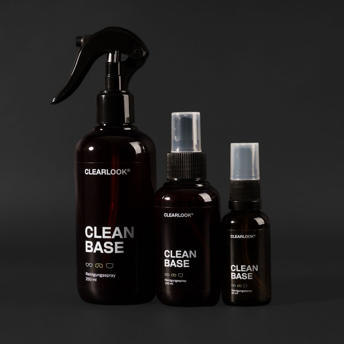 Reinigungsspray 'Clean Base' | in verschiedenen Größen | Glasflasche | für Brille und Visier | echte Seife | Vegan | Made in Austria
