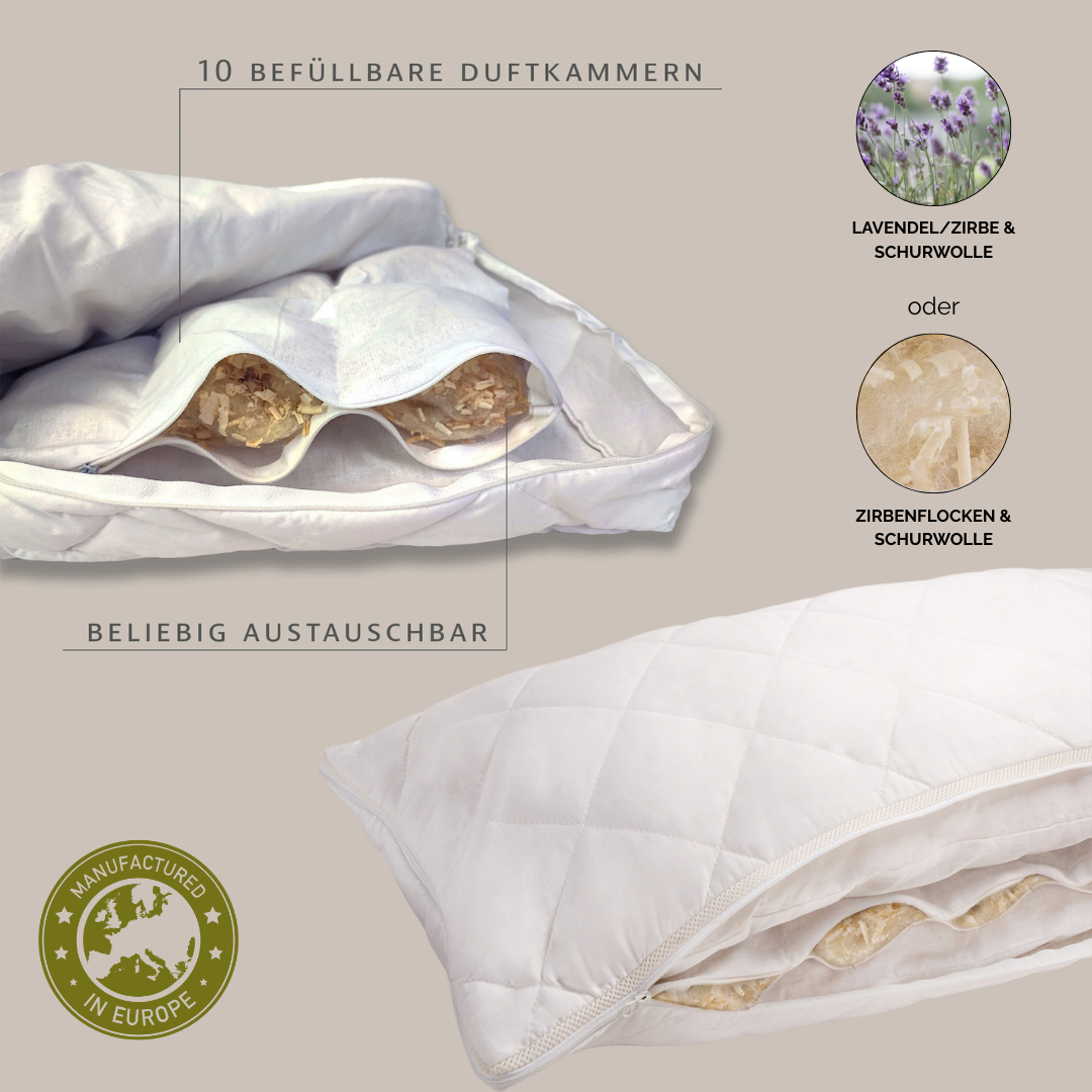 Physionight Duftschlafkissen '2in1' mit natürlicher Dufteinlage Zirbe + Lavendel | 40 x 80 cm | Baumwollüberzug | Made in Germany