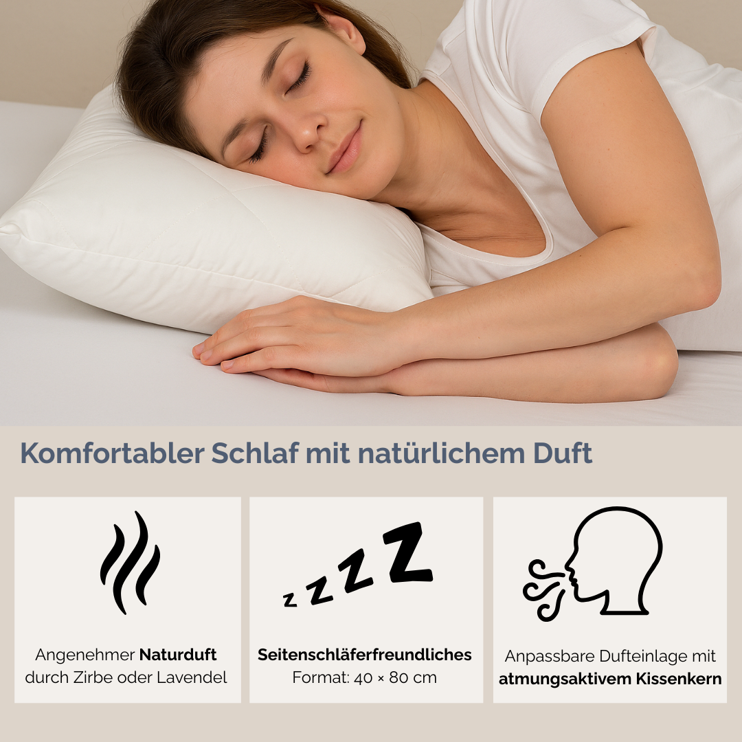 Physionight Duftschlafkissen '2in1' mit natürlicher Dufteinlage Zirbe + Lavendel | 40 x 80 cm | Baumwollüberzug | Made in Germany