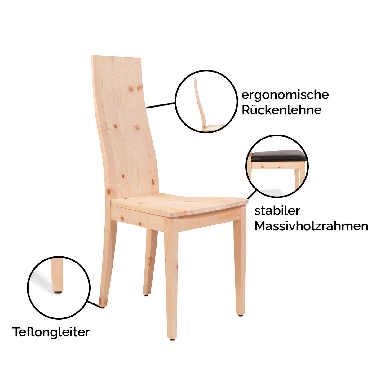 Eleganter Stuhl 'Sitwell Classic' | B 45 x T 43 x H 104 cm | in Zirbe, Eiche oder Nuss | hergestellt in Südtirol