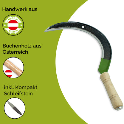 Blattsichel mähfertig gedengelt mit integrierter Aufhängung - inkl. gratis Schleifstein - mit Buchenholzstiel - Rechtshänder - Made in Austria