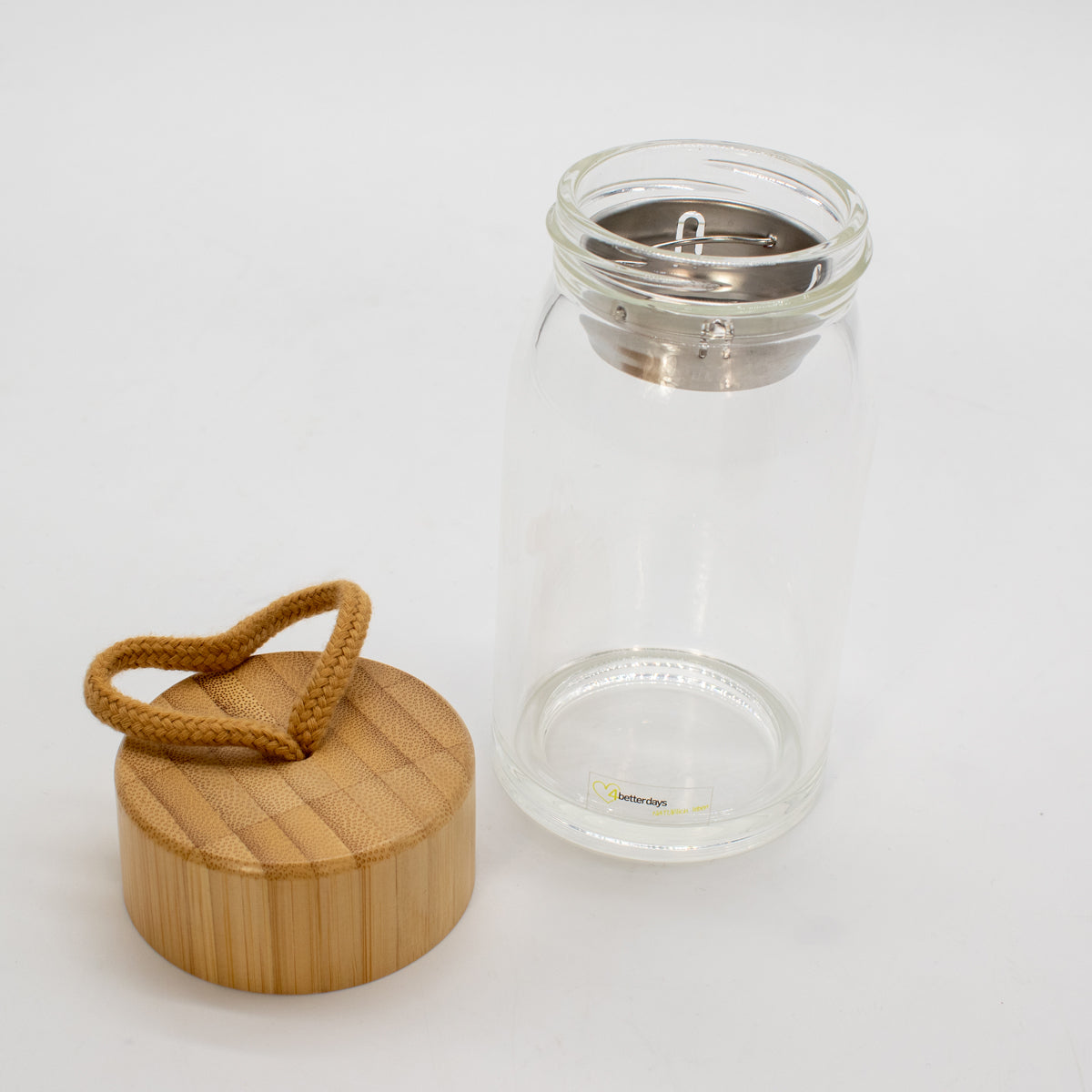 Stylische Trinkflasche ' to go' I nachhaltig aus Glas I inkl. Deckel mit Band und Metallsieb