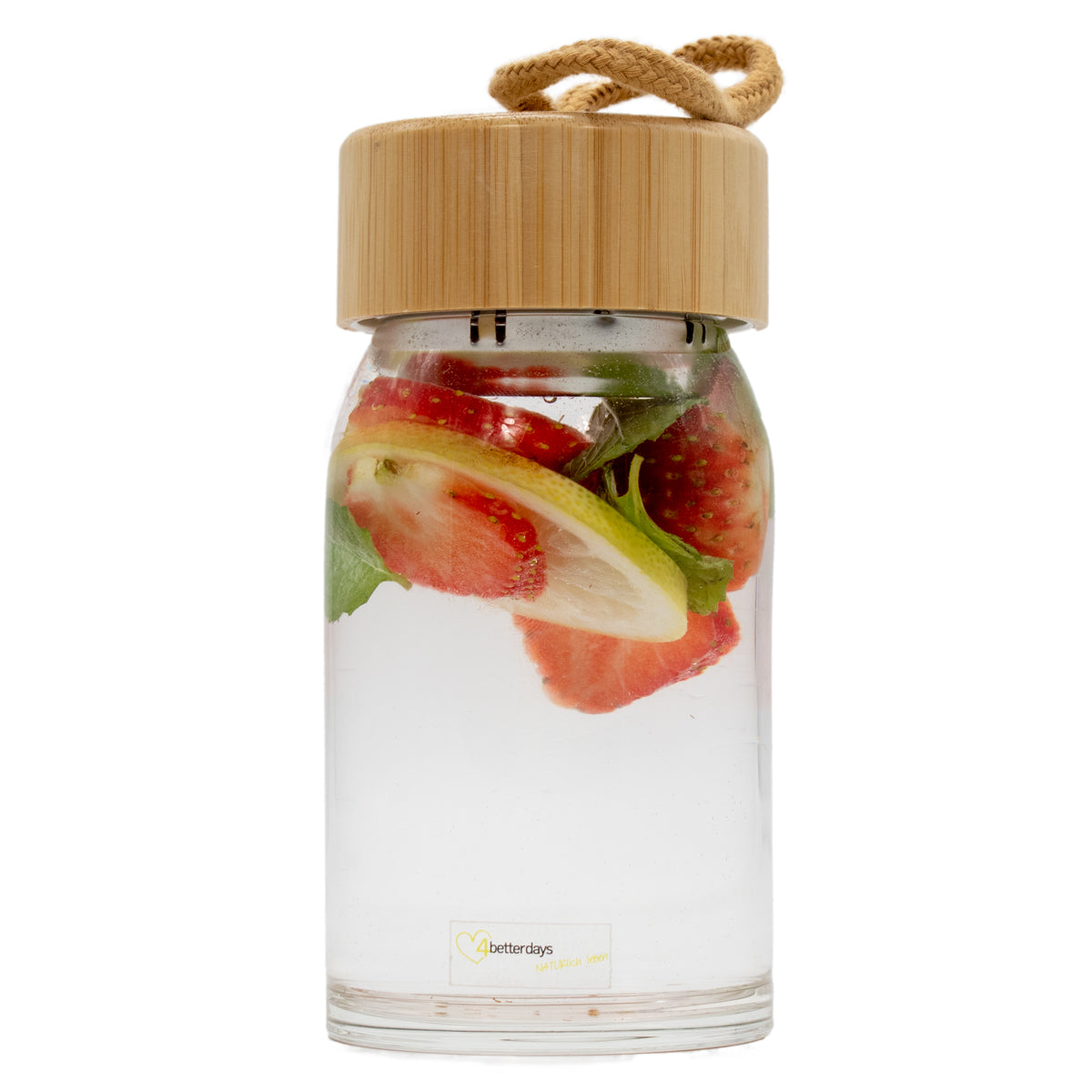 Stylische Trinkflasche ' to go' I nachhaltig aus Glas I inkl. Deckel mit Band und Metallsieb