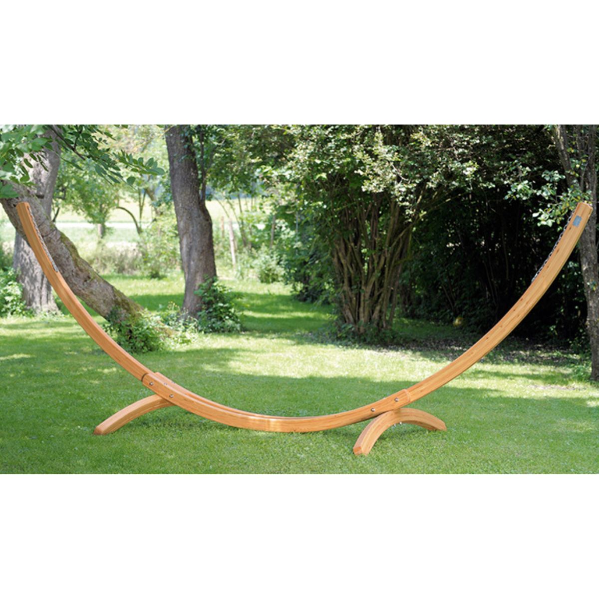 Hängemattengestell Arcus | L 437 x B 160 x H 145 cm | Lärchenholz mit Edelstahlbeschlägen | Balastbarkeit max. 200 kg | Made in Austria