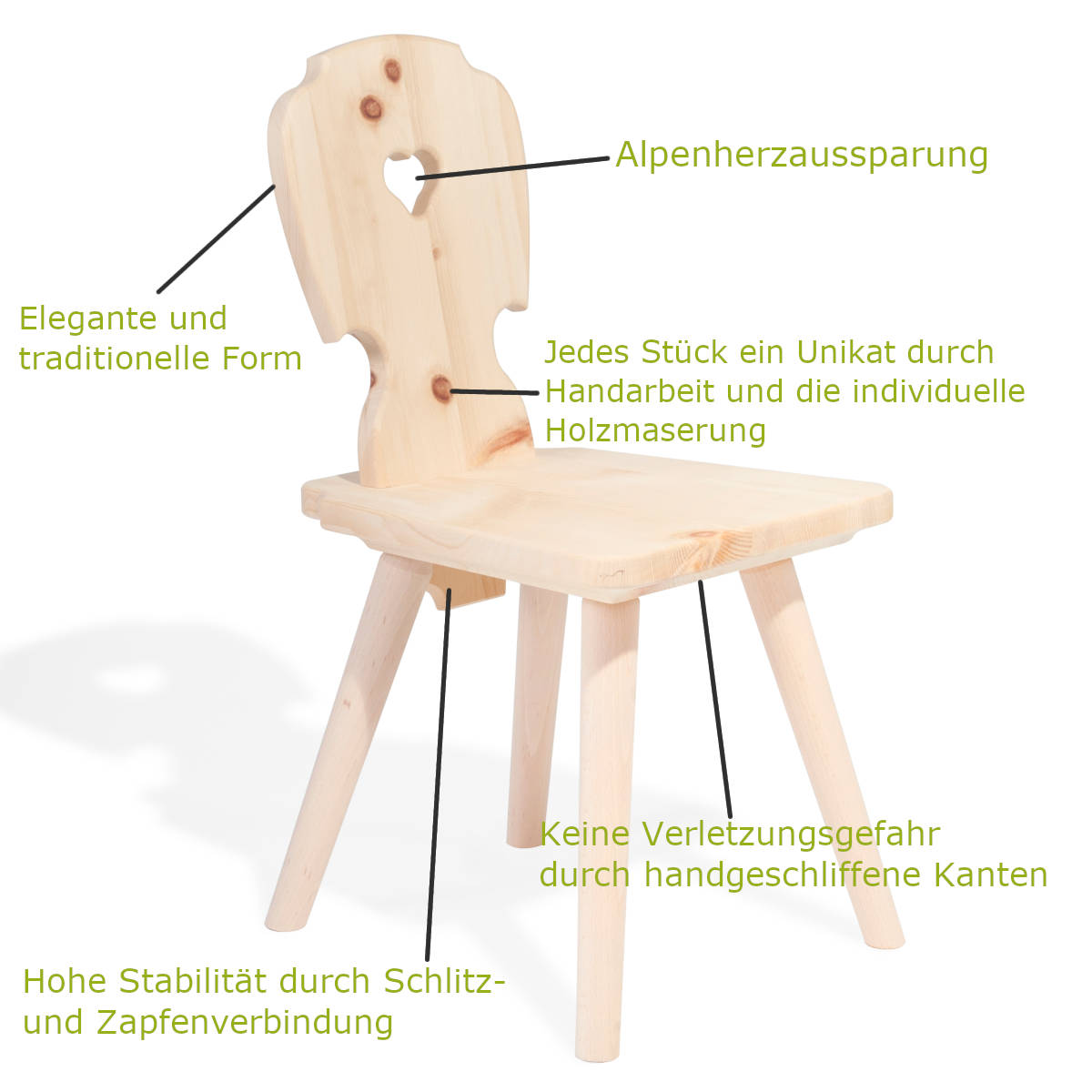 Kinder Sitzgruppe ‘Sweetheart’ | Zirbenholz roh | 1 Tisch L 70 x B 70 x H 63 und 4 Stühle B 30 x T 28 x H 63 cm | Made in Südtirol