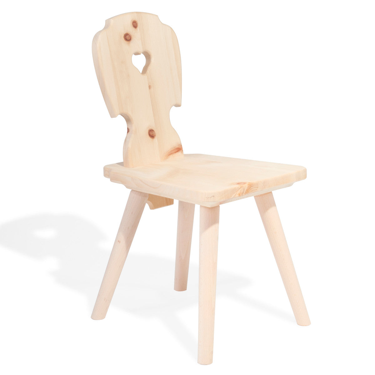 Kinder Sitzgruppe ‘Sweetheart’ | Zirbenholz roh | 1 Tisch L 70 x B 70 x H 63 und 4 Stühle B 30 x T 28 x H 63 cm | Made in Südtirol