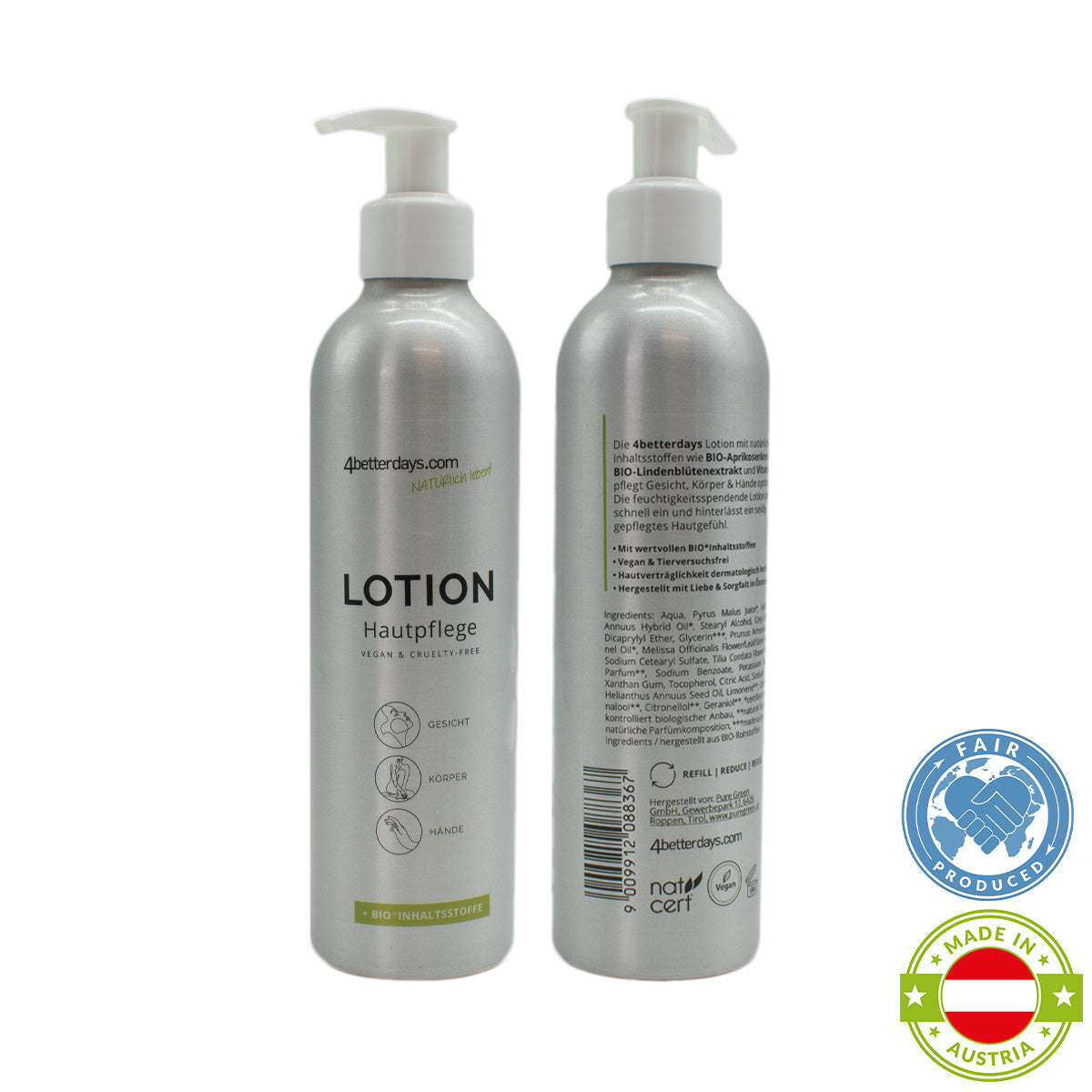 Naturliche Lotion für Körper, Gesicht & Hände | Refill-Hautpflege | für Groß und Klein | Basis-Alu-Spender | 250 ml | für Bad und Beauty Bag | Hergestellt in Österreich