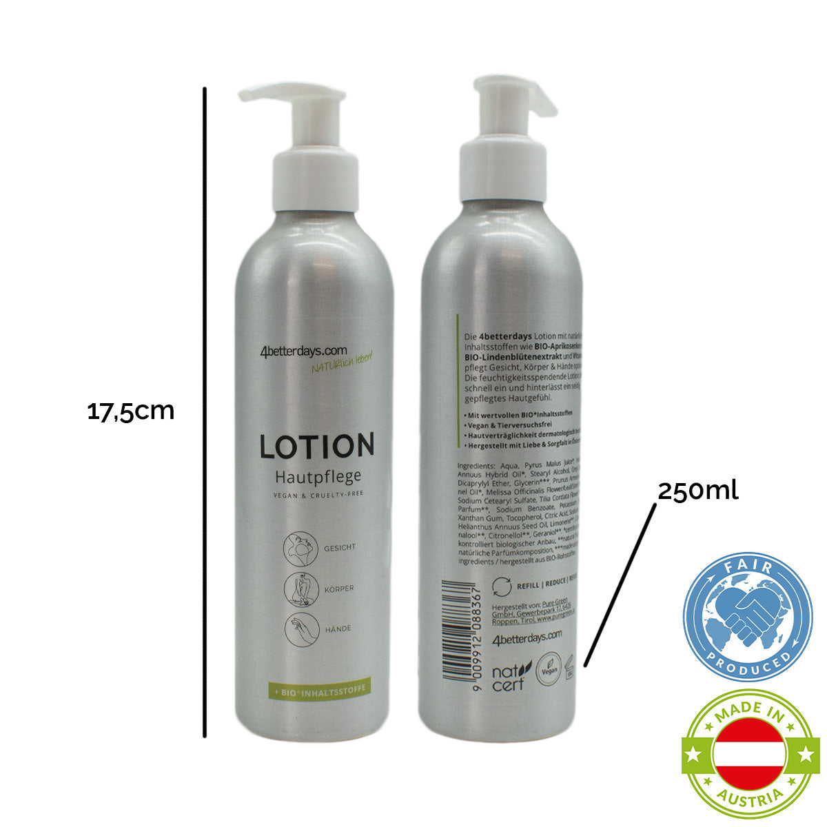 Naturliche Lotion für Körper, Gesicht & Hände | Refill-Hautpflege | für Groß und Klein | Basis-Alu-Spender | 250 ml | für Bad und Beauty Bag | Hergestellt in Österreich