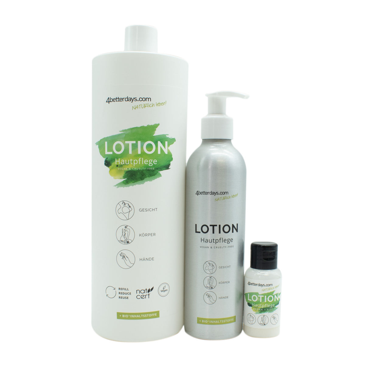 Pflege-Set natürliche Lotion | 30 ml + 250 ml + 1 L | 3-teilig | für Körper, Gesicht & Hand | Refill-Hautpflege | für Groß und Klein | für Bad und Beauty Bag | Made in Austria