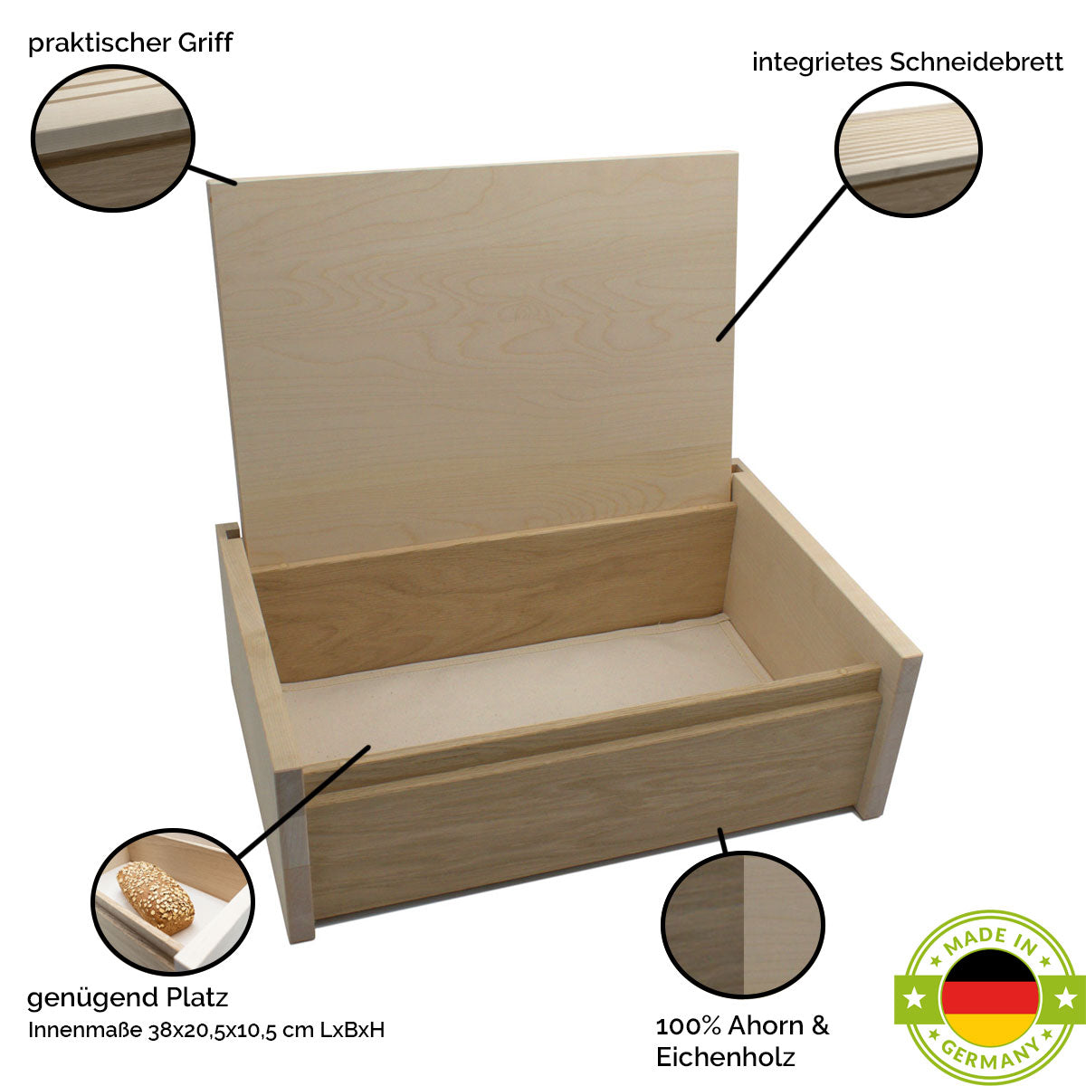 geöffneter Brotkasten aus Ahorn punktuelle Nahaufnahme auf Deckel und Innenleben