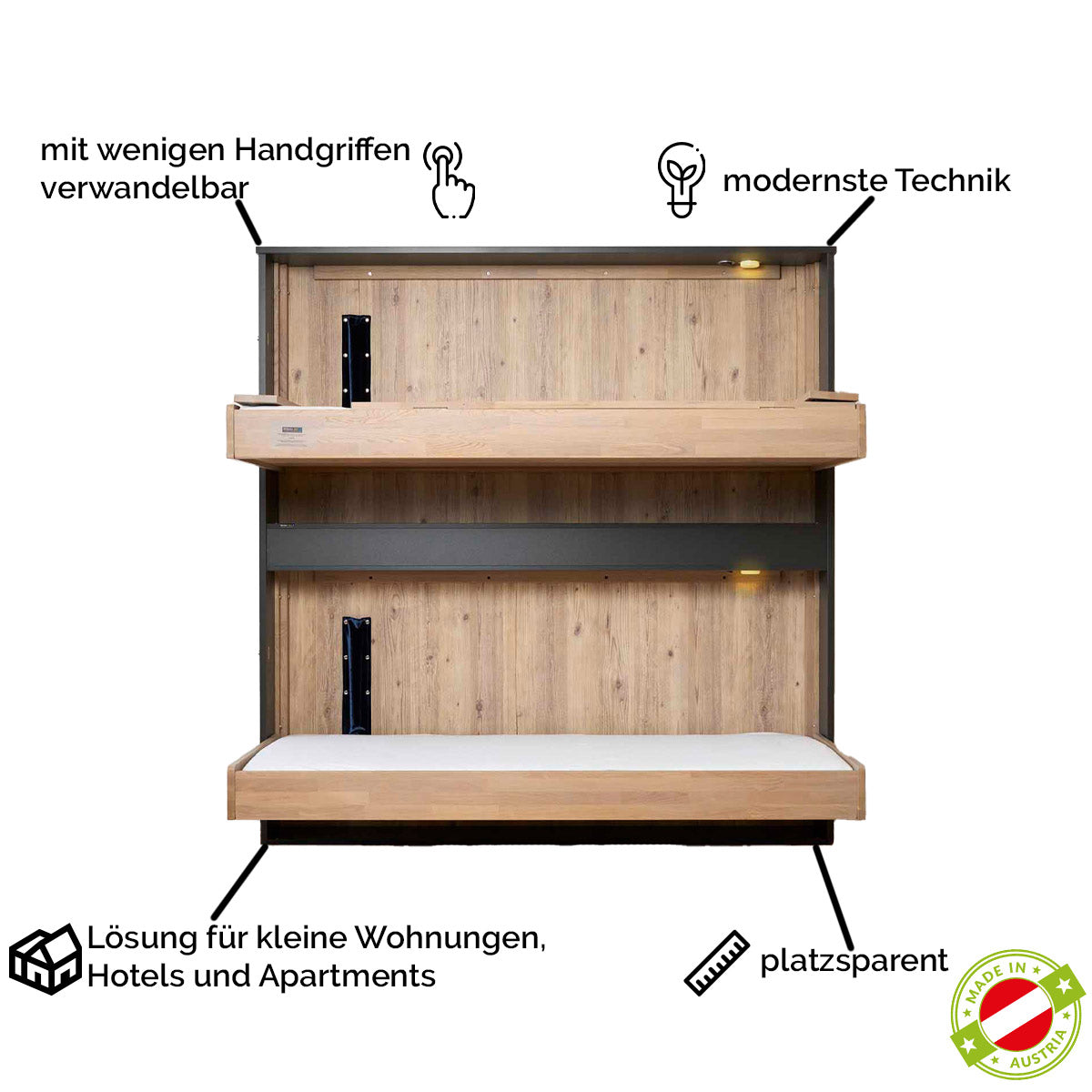 Multifunktionales Klappbett | Schrankbett | Stockbett | Sofa und Zusatzbett | inkl. Matratzen | robustes Design | TÜV geprüft | Made in Austria