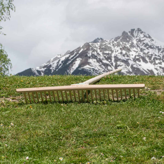 Hochwertiger Rasenrechen | 28 Kunststoffzinken | 67 cm Buchen-Rechenhaupt | 180 cm Lindenholzstiel  | Made in Austria