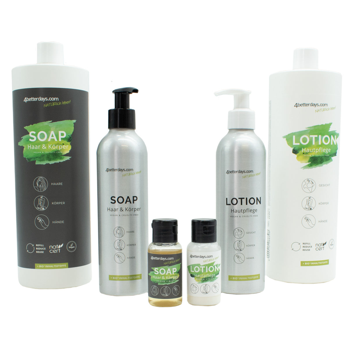 Gesamtkörper Pflege-Set Seife + Lotion | je 30 ml + 250 ml + 1 L | 6-teilig | für Körper, Haar, Gesicht & Hand | Refill-Hautpflege | für Groß und Klein | für Bad und Beauty Bag | Made in Austria