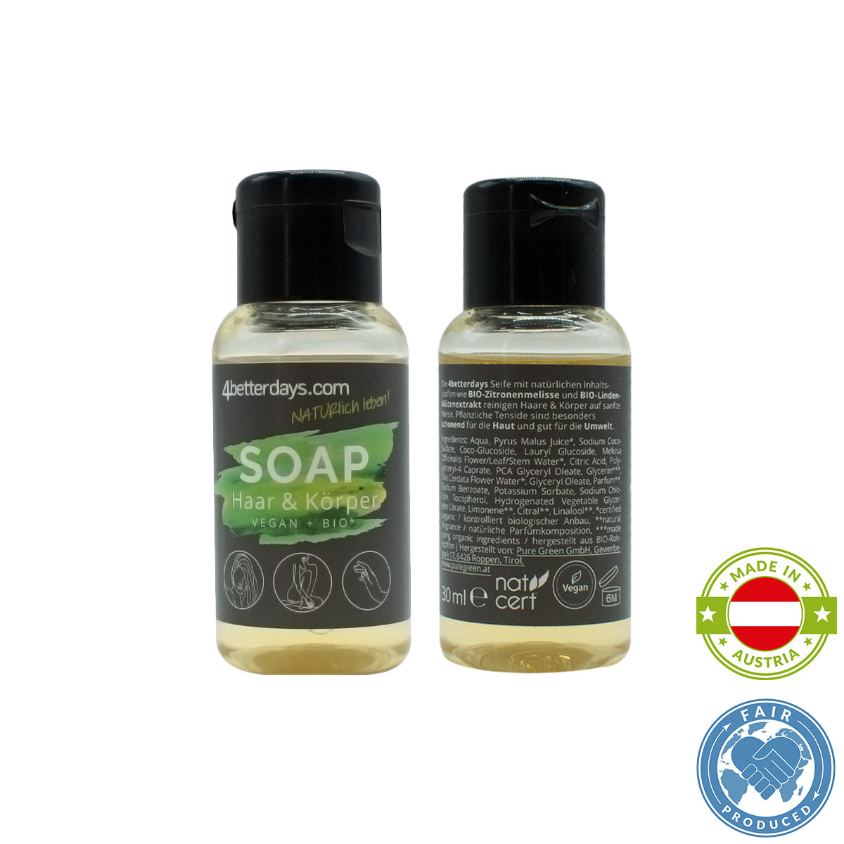 Naturliche Seife für Körper, Haar & Hände | Refill-Reinigungspflege | für Groß und Klein | Probe- und Reise-Spender | 30 ml | für Beauty Bag | Hergestellt in Österreich