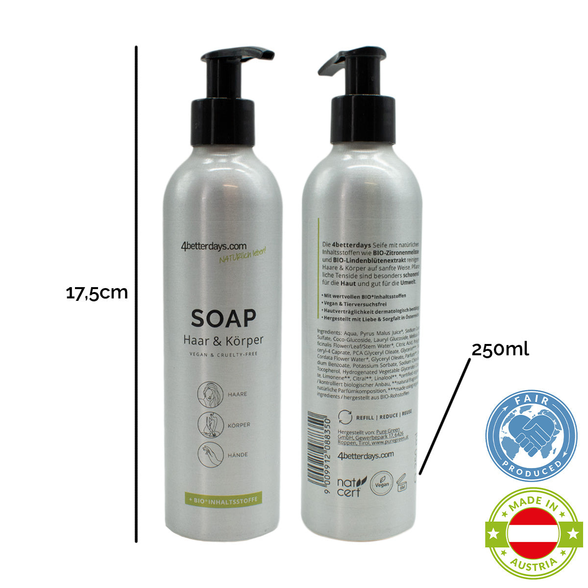 Naturliche Seife für Körper, Haar & Hände | Refill-Reinigungspflege | für Groß und Klein | Basis-Alu-Spender | 250 ml | für Bad und Beauty Bag | Hergestellt in Österreich