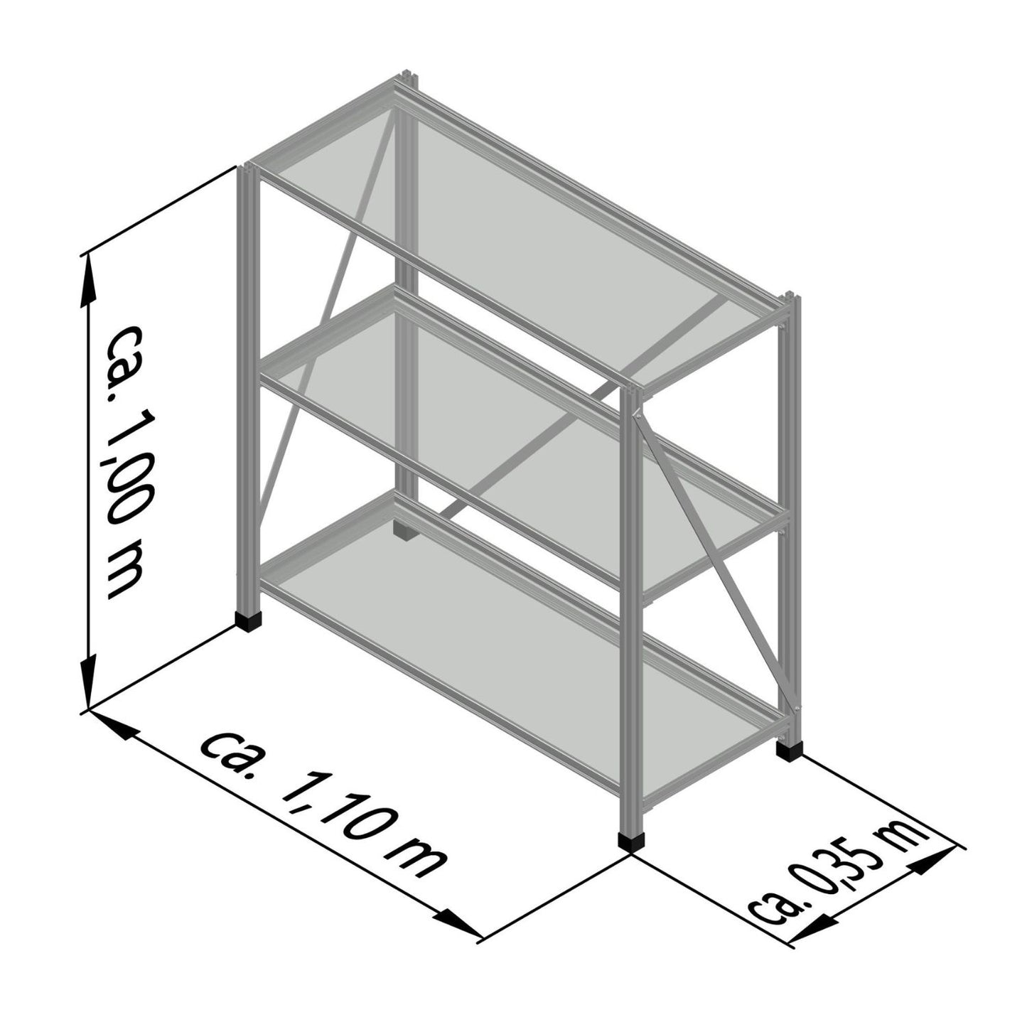 Universal Regalsystem| B 35 x H 100 x L 110 cm | Alu-Profil und Kunststoff-Einlegeplatten weiß | für Gewächshaus | Made in Germany