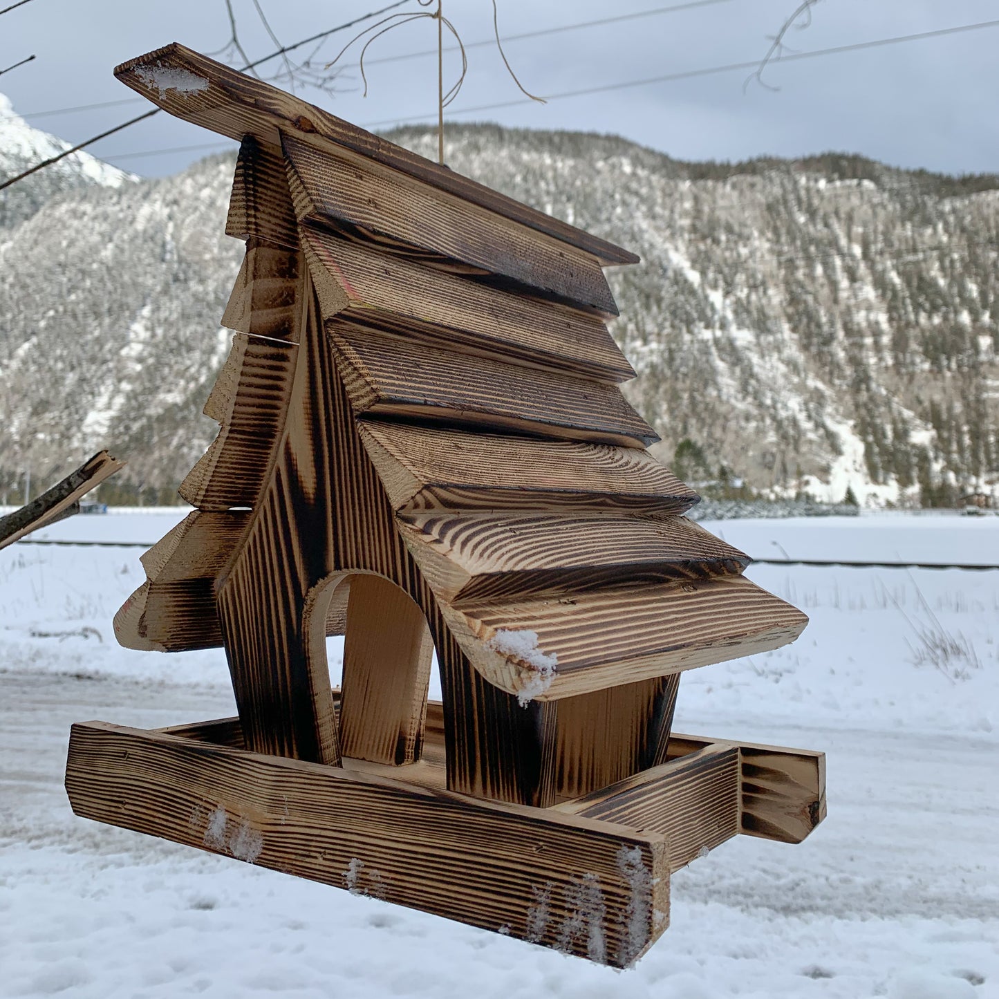 Vogelfutterhaus im Cartoondesign aus gebrannter Fichte - echte Handarbeit