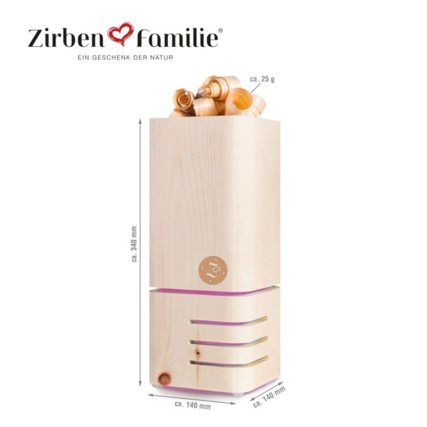 ZirbenRaumlüfter inkl. 10ml ZirbenÖl | L 14 x B 14 x H 34 cm | Made in Austria
