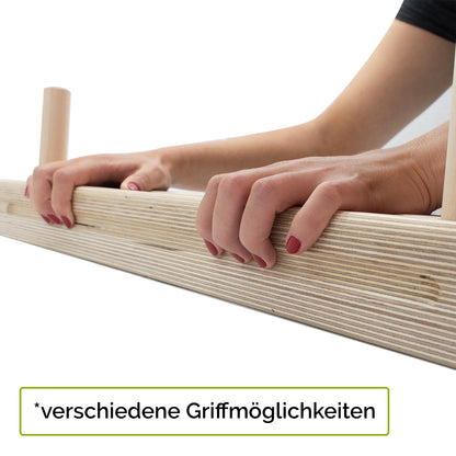 Trainingsboard 'Griff Kraft Germany' für Kraftsport- und Klettertraining | viele Griffe | inkl. 2 Sticks & Übungsposter | Birkenholz Nachhaltig