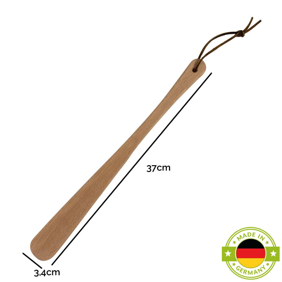 Robuster Schuhlöffel aus Buchenholz mit Lederband | langstielig | 370x34x11 mm | Made in Germany