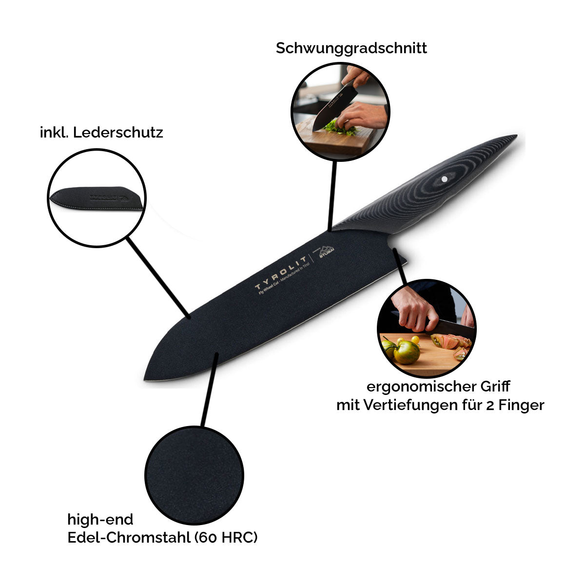 Einzigartiges Fly Wheel Cut Messer aus high-end Edel-Chromstahl | ink. Schneideschutz | 20 cm Klinge | ergonomischer Griff