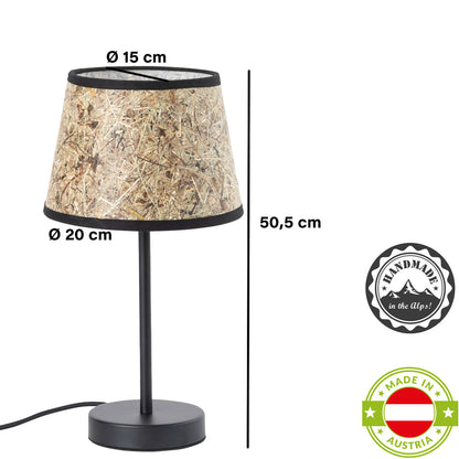 Tischleuchte Heu und Dreibein aus schwarzem Metall zylindrisch 24 cm DM – Handarbeit aus Österreich