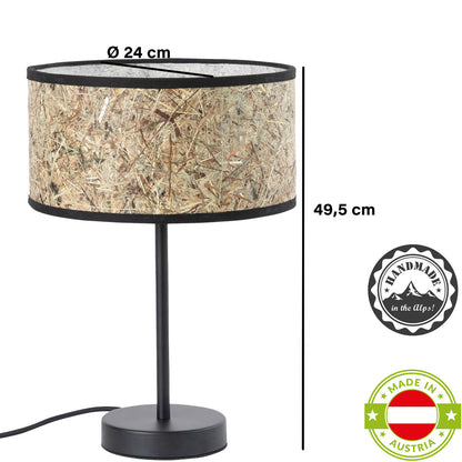 Tischleuchte Heu und Lampenfuß aus schwarzem Metall zylindrisch 24 cm DM – Handarbeit aus Österreich