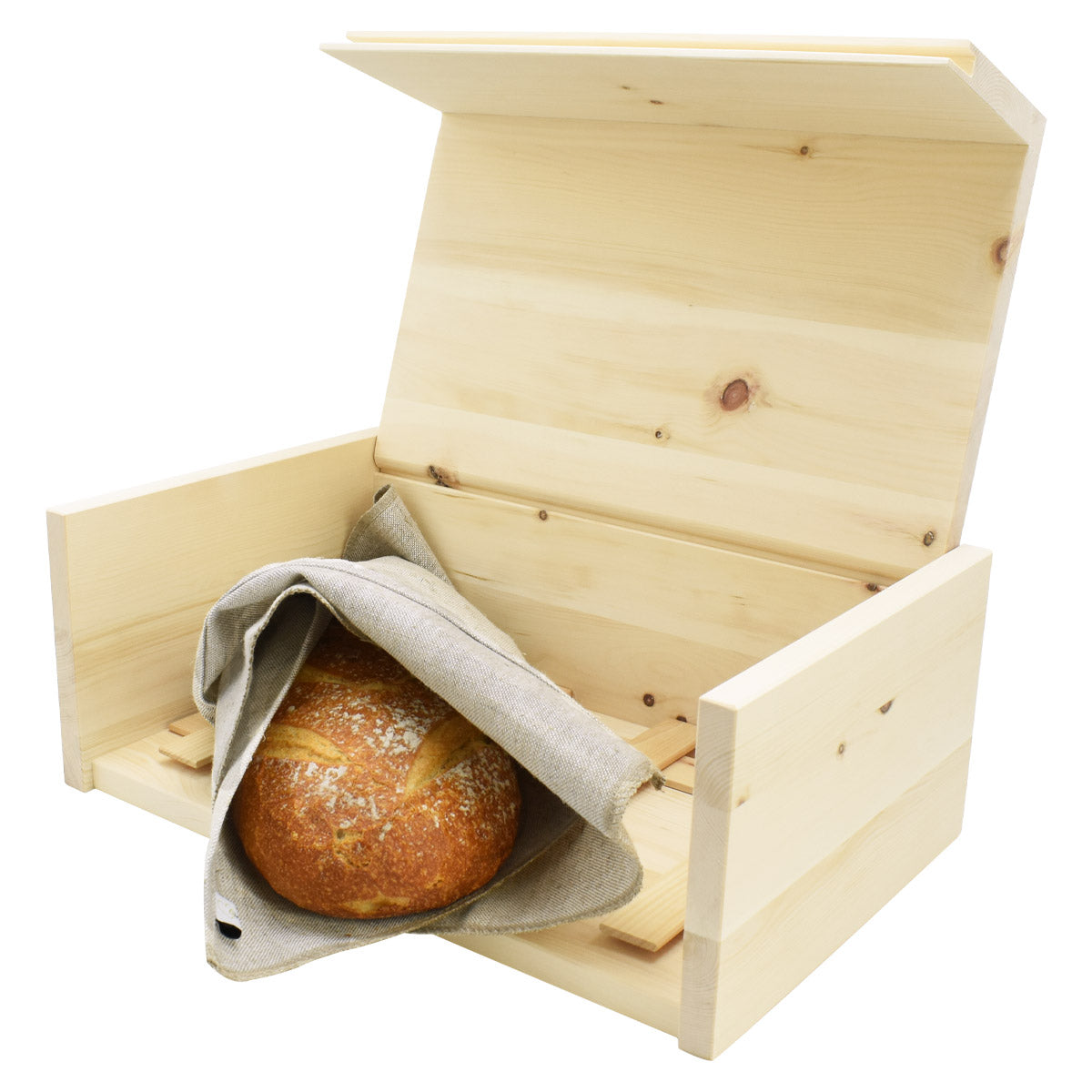 Brotkasten aus Zirbe 30x23x14,5 cm mit Einlegegitter & Bäckerleinen