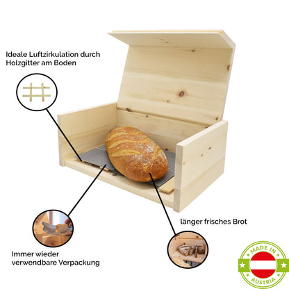 Brotkasten aus Zirbe 30x23x14,5 cm mit Einlegegitter & Bienenwachstuch