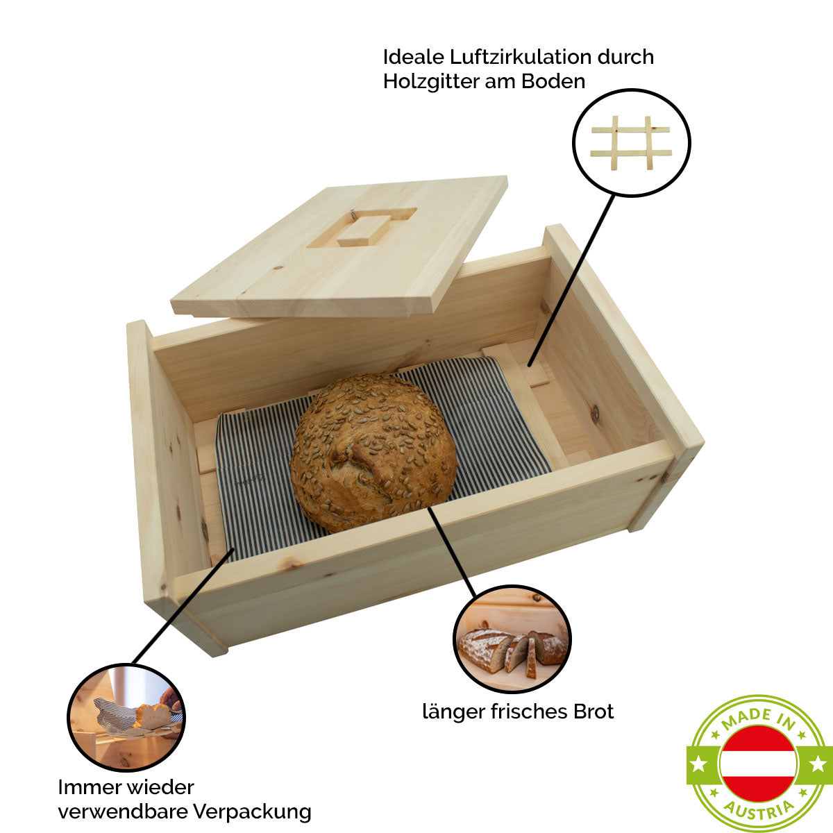 Brotkasten aus massivem Zirbenholz | mit abhnehmbaren Deckel | 30x23x14,5 cm