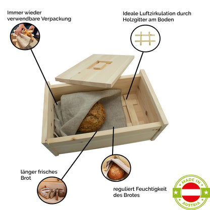 Brotkasten aus massivem Zirbenholz | mit abhnehmbaren Deckel | 30x23x14,5 cm