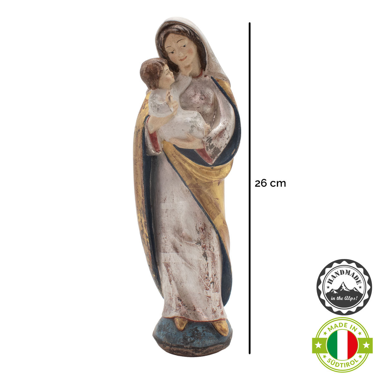 Madonna der Liebe mit Kind | Massivholz Figur | Echtgold + Silber antikisiert | Höhe 26 cm | Made in Südtirol