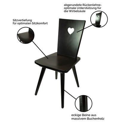 Eleganter Stuhl  'Black or White' | Vollholz Buche | deckend lackiert | Griff herzförmig | in Schwarz