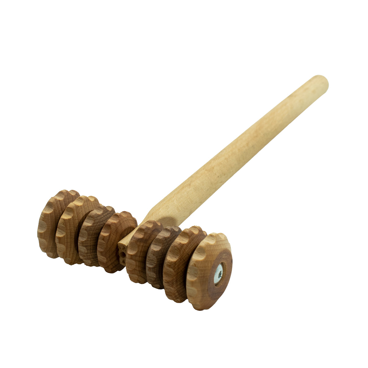 T-förmige Zahnradwalze Gr. L | 37 cm Stiellänge | Buche massiv | 1 Griff | je 4 Rollen in verschiedenen Durchmessern mit Kerben links und rechts | Faszienrolle Massagegerät | Manufactured in Europa