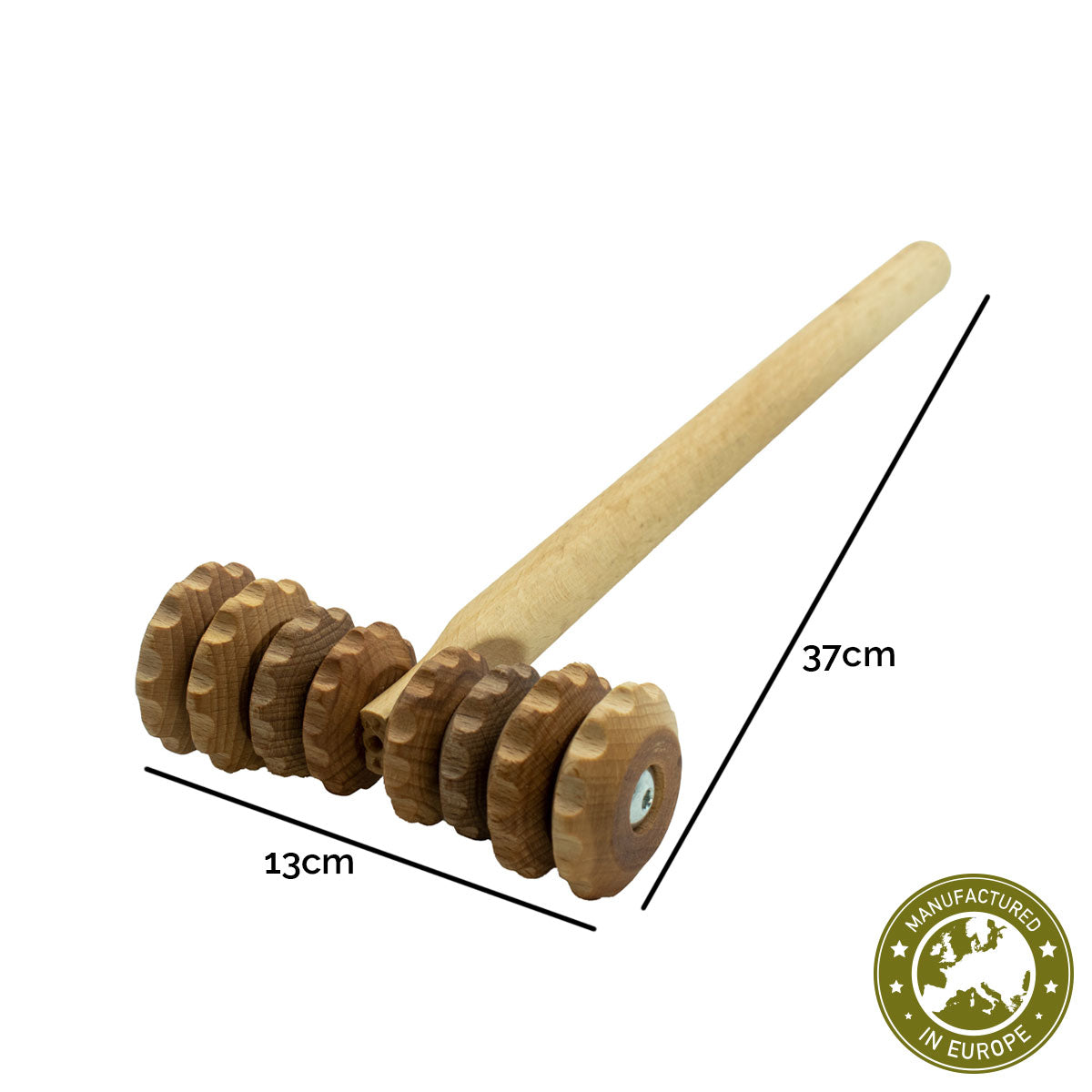 T-förmige Massagewalze Gr. S | 23,5 cm Stiellänge | Buche massiv | 1 Griff | je 2 Rollen mit 4 Längsrilllen und Kerben links und rechts | Faszienrolle Massagegerät | Manufactured in Europa