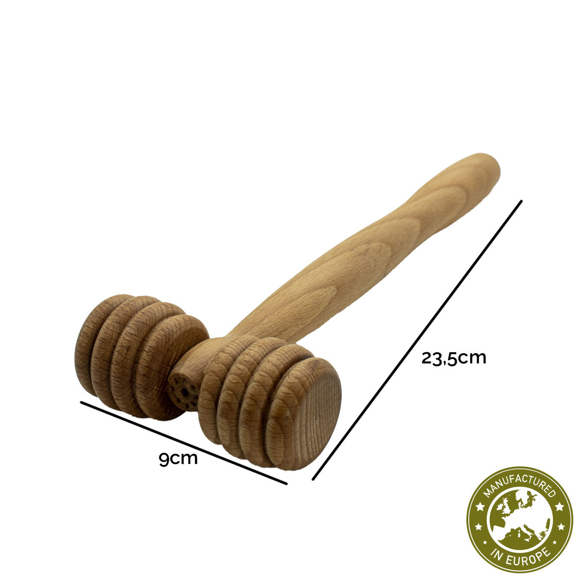 T-förmige Massagewalze Gr. S | 23,5 cm Stiellänge | Buche massiv | 1 Griff | je 2 Rollen mit 4 Längsrilllen und Kerben links und rechts | Faszienrolle Massagegerät | Manufactured in Europa