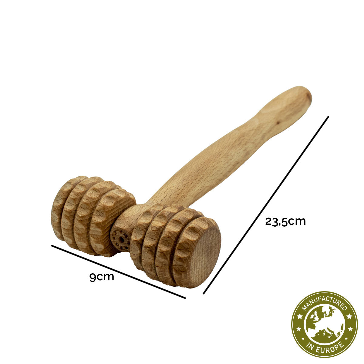 T-förmige Massagewalze Gr. S | 23,5 cm Stiellänge | Buche massiv | 1 Griff | je 2 Rollen mit 4 Längsrilllen und Kerben links und rechts | Faszienrolle Massagegerät | Manufactured in Europa