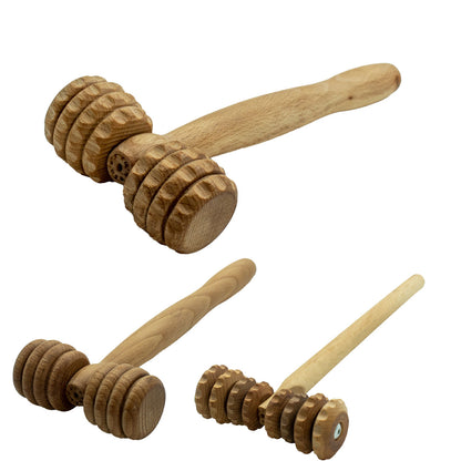 T-förmige Massagewalze Gr. S | 23,5 cm Stiellänge | Buche massiv | 1 Griff | je 2 Rollen mit 4 Längsrilllen und Kerben links und rechts | Faszienrolle Massagegerät | Manufactured in Europa