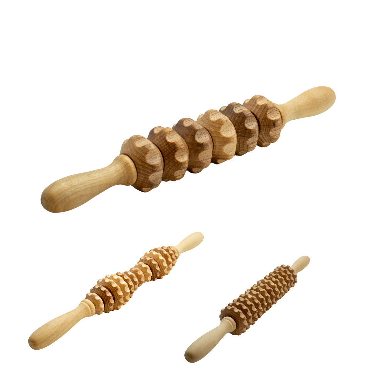 Zahnradwalze Gr. S | Buche massiv | 2 Griffe | 6 Rollen mit Kerben | Faszienrolle Massagegerät  | Manufactured in Europa