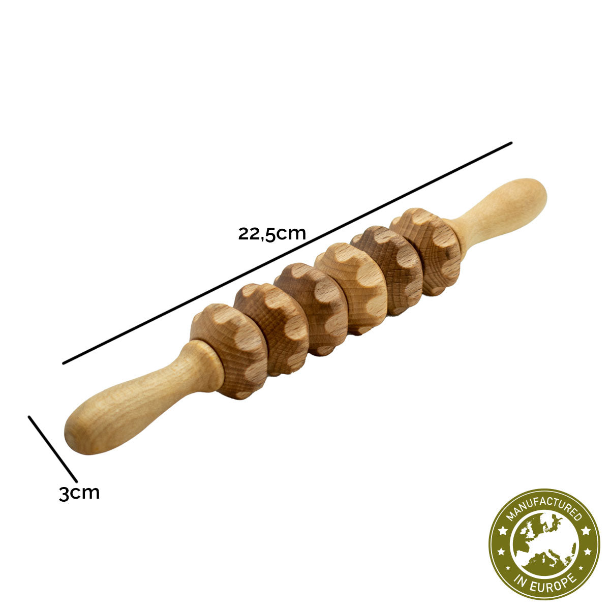 Zahnradwalze Gr. S | Buche massiv | 2 Griffe | 6 Rollen mit Kerben | Faszienrolle Massagegerät  | Manufactured in Europa