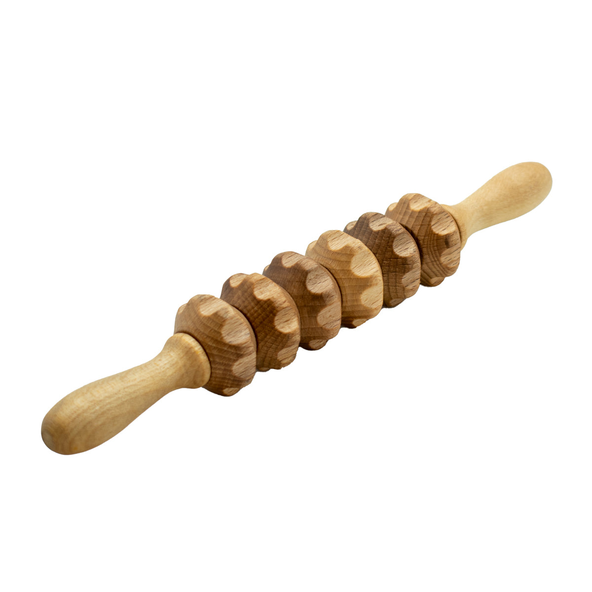 Zahnradwalze Gr. S | Buche massiv | 2 Griffe | 6 Rollen mit Kerben | Faszienrolle Massagegerät  | Manufactured in Europa