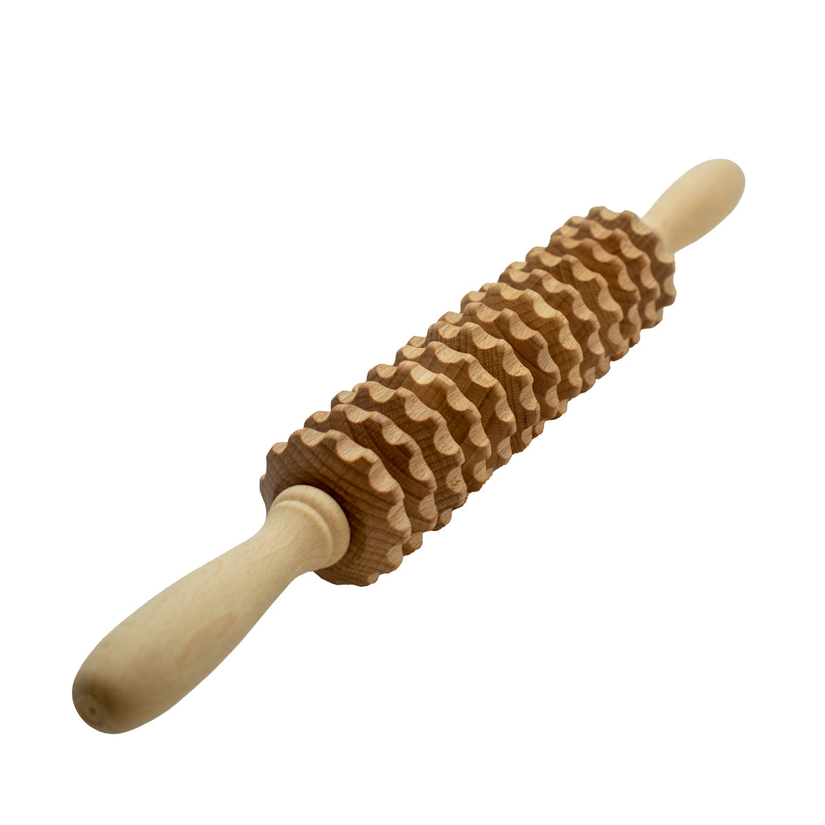 Zahnradwalze Gr. L | Buche massiv | 2 Griffe | 13 Rollen mit Kerben | Faszienrolle Massagegerät | Manufactured in Europa