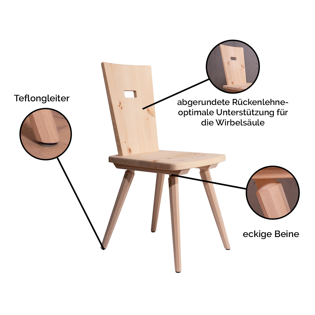 Eleganter Stuhl  'Pristine' | Zirbe roh | Griff rechteckig | Füße in Buche