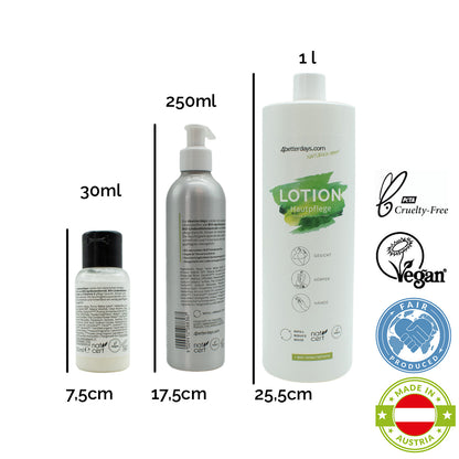 Gesamtkörper Pflege-Set Seife + Lotion | je 30 ml + 250 ml + 1 L  |  6-teilig