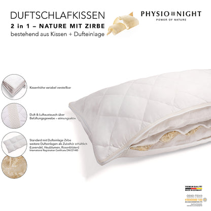 Physionight Duftschlafkissen 2 in 1  Dufteinlage Zirbe und Schurwolle | 40 x 80 cm