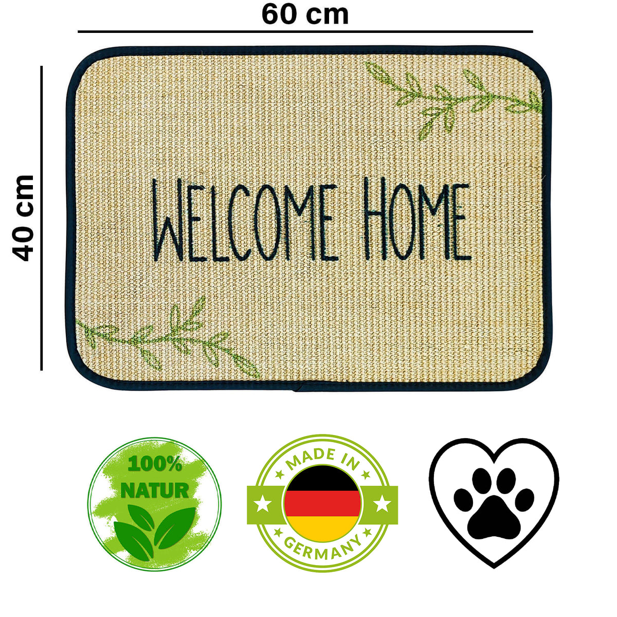Fußmatte | 'Welcome home' | 40 x 60 cm | Sisal | Naturlatex