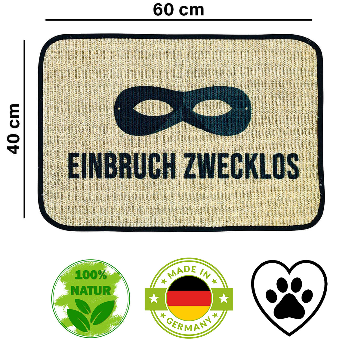 Fußmatte | 'Einbruch zwecklos' | 40 x 60 cm | Sisal | Naturlatex
