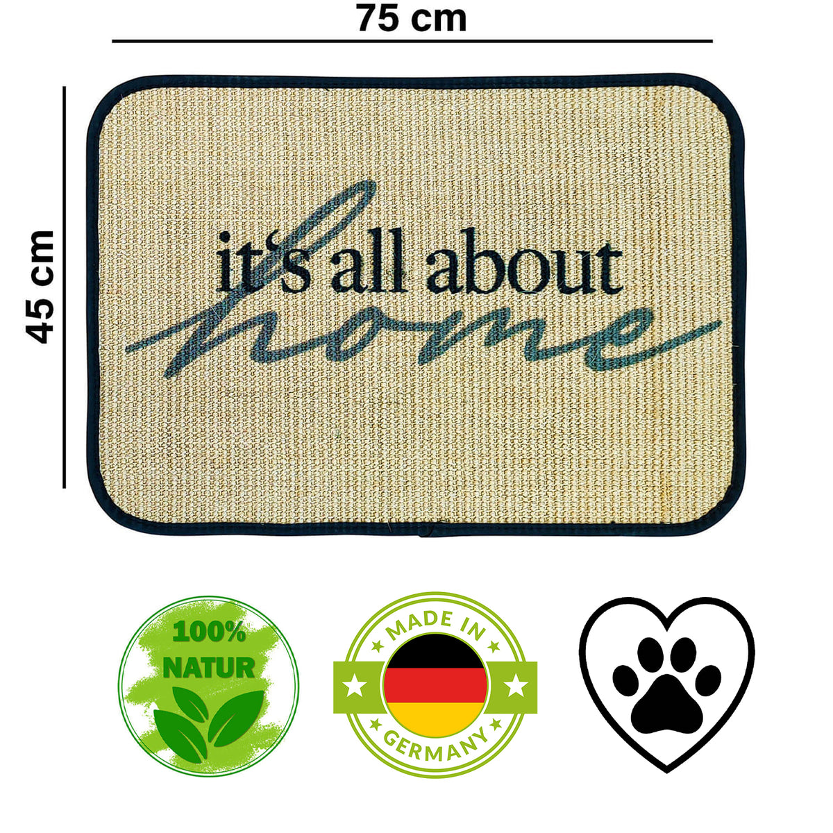 Fußmatte | 'it's all about home' | 45 x 75 cm | Sisal | Naturlatex