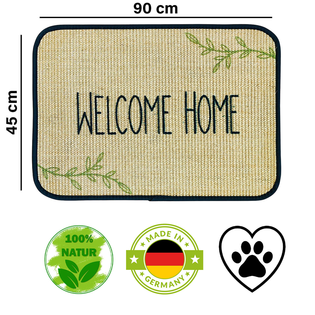 Fußmatte | 'Welcome home' | 45 x 90 cm | Sisal | Naturlatex